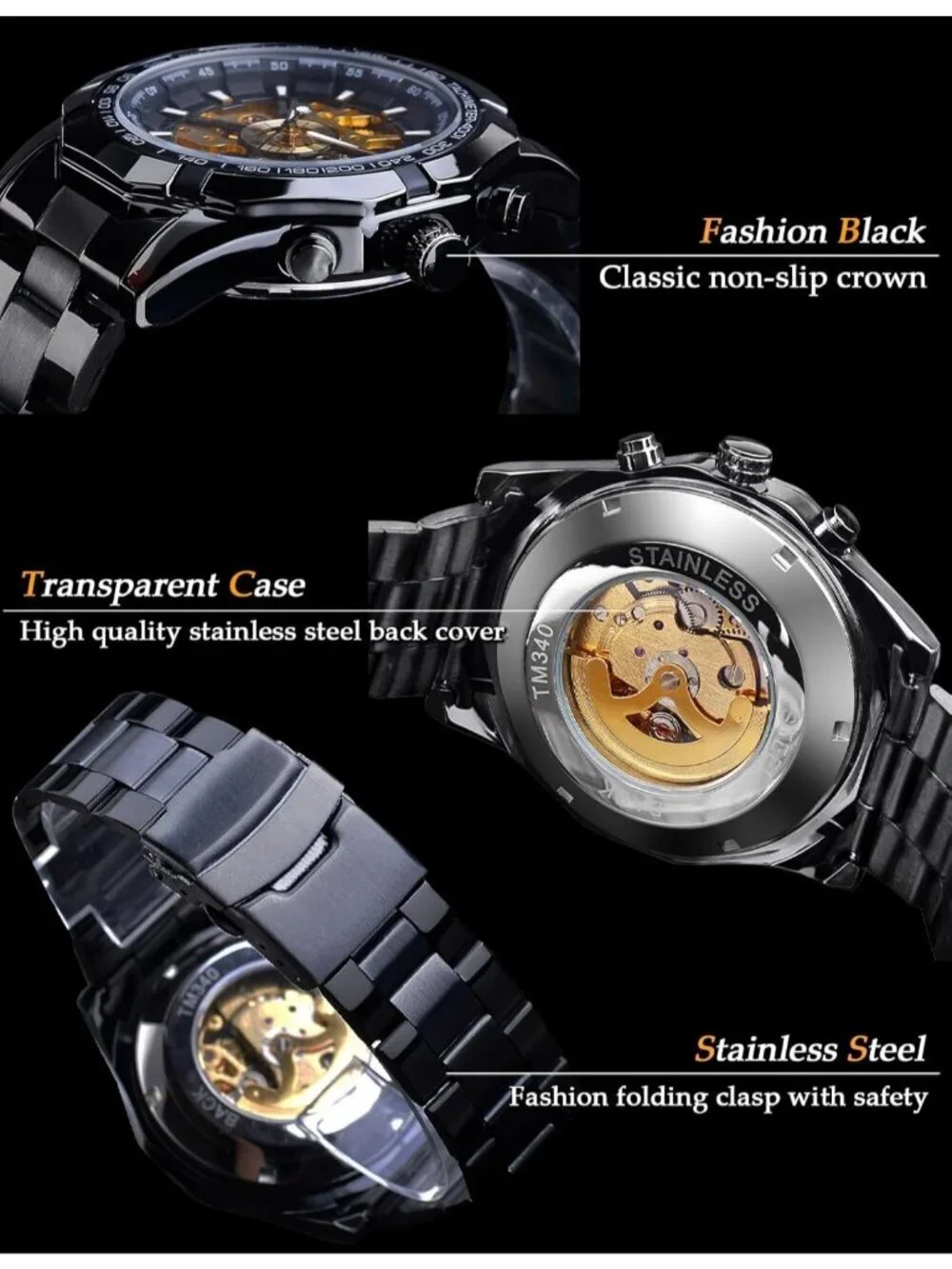 Men's Black Gold Self-Wind Skeleton Hollow Out Mechanical Automatic Luxury Watch